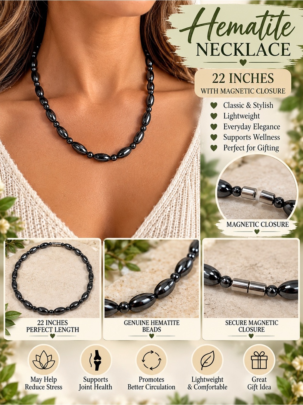 22 inch magnetuc hematite black bead necklace